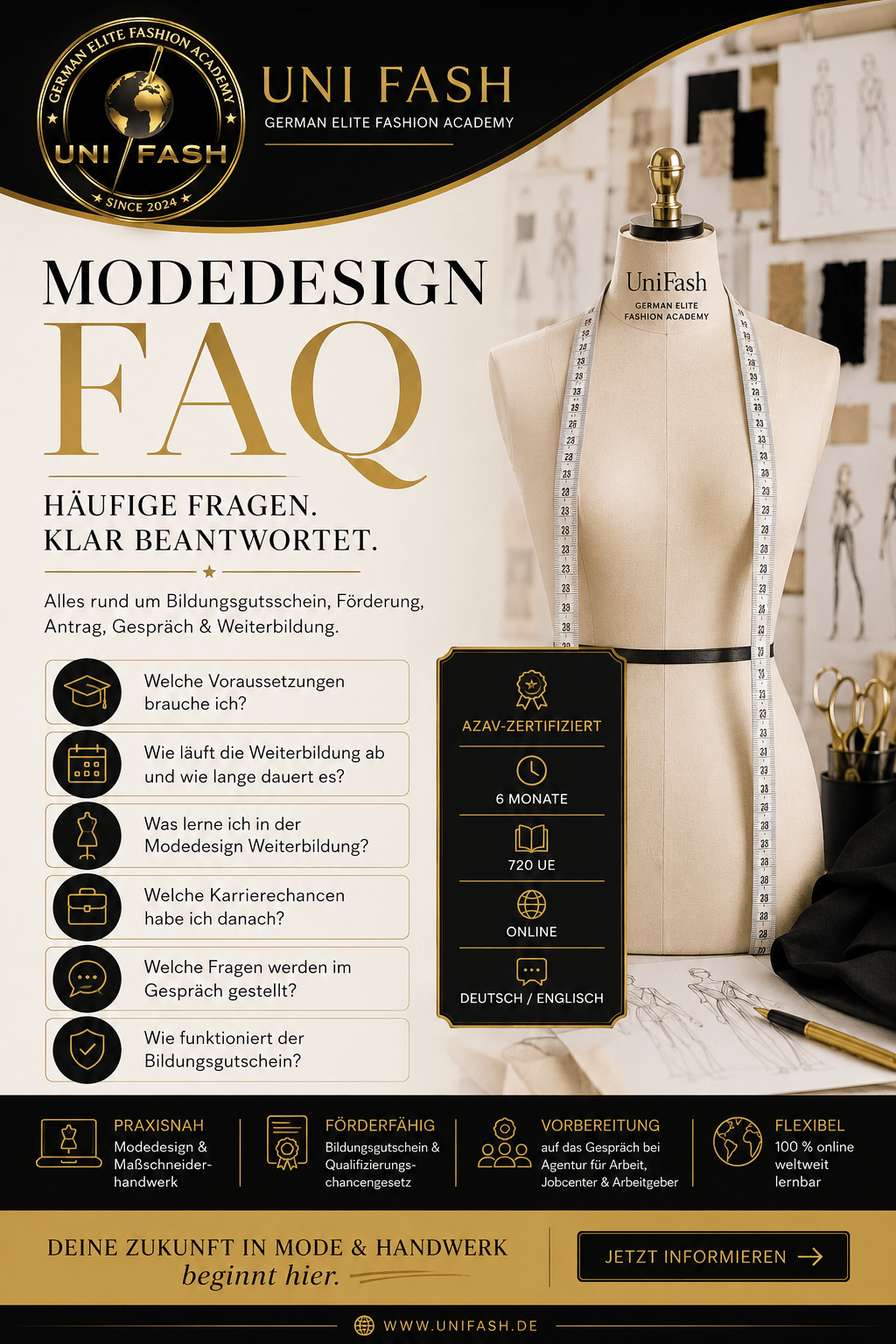 Modedesign Weiterbildung FAQ bei UniFash mit Bildungsgutschein AZAV 720 Unterrichtseinheiten und Maßschneiderhandwerk