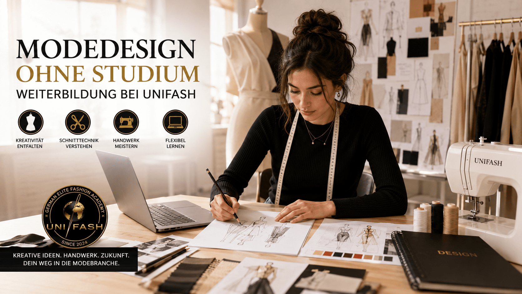 Fashion designer without a degree with fashion drawing, pattern making, sewing and portfolio.